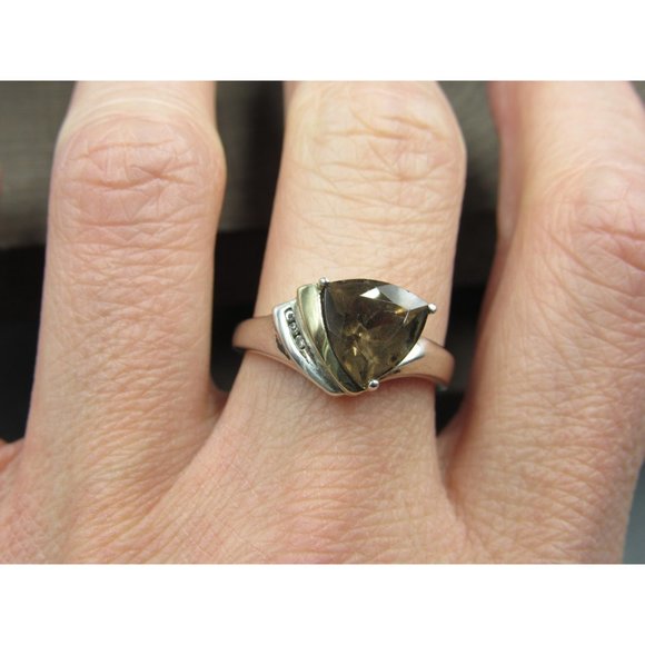 Size 9 Sterling Silver And 14k Gold Accent Smoky Quartz & Diamonds Ring - Picture 2 of 7